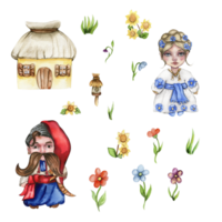 Set of girl and boy gnome in national ukrainian costume ,country houses and flowers. png