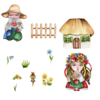 Set of girl and boy gnome in national ukrainian costume ,country houses and flowers. png