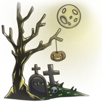 Halloween tree with cemetery and moon png