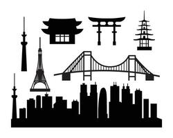 Japanese architecture silhouette elements, including skyscrapers, bridges, towers, and iconic temple mascots vector