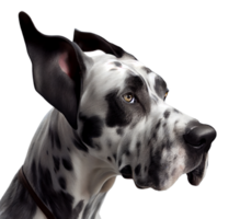 Headshot portrait of harlequin great dane dog on transparent background, created with generative AI png