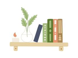 A shelf with books, a candle and a vase with abstract flowers with leaves. Home decor, interior. Books with a pattern on the covers. Vector illustration in trending flat style isolated on white