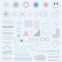 A set of trendy minimalistic linear icons and shapes for web design, posters, clothes, flyers, covers. Universal elements in vaporwave and brutalism style. Retro futurism shapes. Vector illustrations