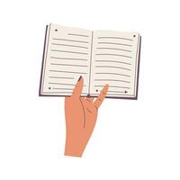 First-Person Perspective. A hand holding an open paper book. The process of reading, studying. Flat cartoon vector illustration isolated on a white background.