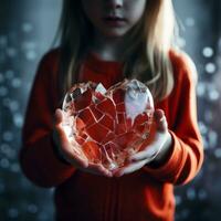 AI Generated A young girl's unconditional love is depicted as she extends a broken but mended glass heart towards us, with only the upper part of her face visible. AI generated photo