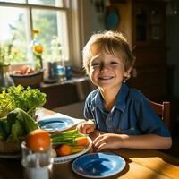 ai generado chico a cocina mesa, luz de sol esclarecedor habitación. él se sienta en frente de plato con zanahorias, verduras, ensalada, sonriente a cámara. sano comiendo tema. ai generado foto