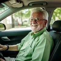 AI Generated Elderly man, 7080 years old, wearing glasses, sitting behind the wheel of a righthand drive car, smiling and looking at the camera. AI generated photo