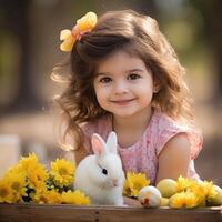 AI Generated Closeup of a smiling 45 year old girl looking at the camera with Easter eggs, a bunny, and yellow flowers next to her. AI generated photo