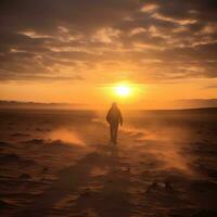 AI Generated Man traveler walks through the desert, moving away from the camera towards the sun, journeying within himself. AI generated photo
