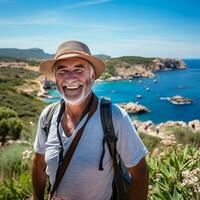 AI Generated A 60yearold American traveler stands in awe, taking in the breathtaking scenery of the picturesque island of Sardinia AI generated photo