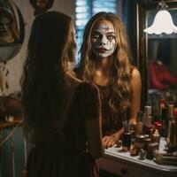 AI Generated Young American girl applying Halloween makeup in front of a mirror AI generated photo