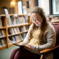 AI Generated A young girl with Down syndrome engrossed in reading a book AI generated photo