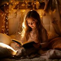 AI Generated A young girl engrossed in a fairy tale book, sitting on a cozy bed bathed in warm light AI generated photo