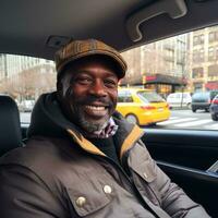 ai generado un hermoso 45 años negro hombre saluda un Taxi en bullicioso nuevo York ciudad ai generado foto