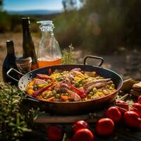 AI Generated Traditional Valencian paella cooked outdoors in a picturesque natural setting Vibrant colors and delicious ingredients create a mouthwatering scene AI generated photo