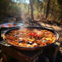 AI Generated Traditional Valencian paella cooked outdoors in a picturesque natural setting Vibrant colors and delicious ingredients create a mouthwatering scene AI generated photo