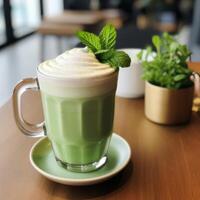 AI Generated A refreshing mint latte with a creamy foam and a sprinkle of chocolate on top, served in a stylish glass cup Perfect for a cozy coffee break or a trendy cafe scene AI generated photo