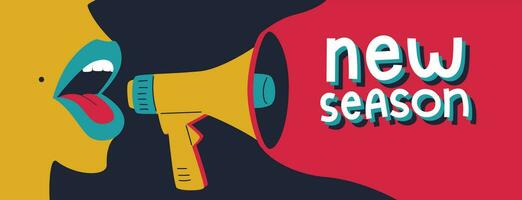 A horizontal banner announcing the new season of the podcast. Abstract girl with her mouth open, screaming into a megaphone. A concept for a podcast show. Flat vector illustration on a dark background