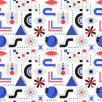 Seamless pattern with abstract geometric elements and bold shapes. Brutalism, retro futurism style inspired. Circles, wave, grid, arrow. Backdrop for web, posters, covers. Vector background on white