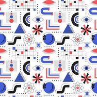 Seamless pattern with abstract geometric elements and bold shapes. Brutalism, retro futurism style inspired. Circles, wave, grid, arrow. Backdrop for web, posters, covers. Vector background on white