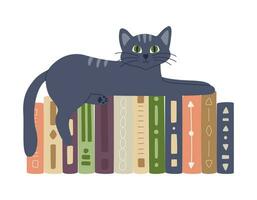 Hardcover books with different patterns stand in a row. Cute cat lying on books. Home library for lovers of reading. Flat cartoon vector illustration isolated on a white background.