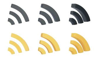 3D Wi Fi symbol. Realistic Wireless network, connection sign. Front and rotated view. 3D render, Yellow and black vector illustration isolated on a white background