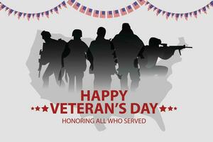 Veteran's day poster and banner commemorating American army veterans day November 11 with soldier silhouette and flag vector template