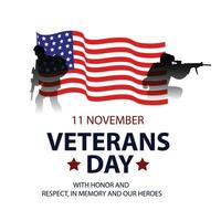 Veteran's day poster and banner commemorating American army veterans day November 11 with soldier silhouette and flag vector template