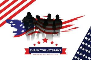 Veteran's day poster and banner commemorating American army veterans day November 11 with soldier silhouette and flag vector template