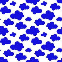 Vector color seamless pattern with hand-drawn schematic blue clouds on a white background. Shaded shapes. Handmade work. The texture is colored with markers