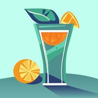 Illustration of citrus lemonade with mint and oranges. Refreshing citrus drink highlighted on a blue background. Vector flat image in blue colors. Glass on the sand, beach, oranges, rest