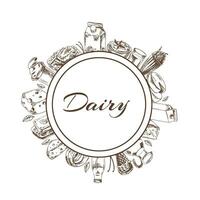 Circular frame for dairy produce label. Retro hand drawn vector illustration. Template element for packaging design.