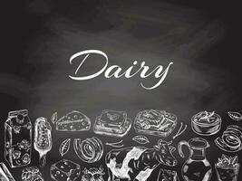 Vintage monochrome dairy produce template, hand-drawn on chalkboard background. Eco food. Sketch illustration. Engraved image. Template with an empty space. vector