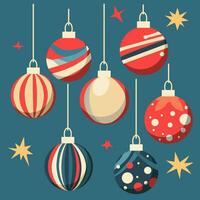 Set of Christmas flat balls is highlighted on a blue background. A festive Christmas toy for a Christmas tree. Vector illustration. Multicolored round balls in red, blue shades with stars