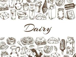 Vintage monochrome dairy produce template, hand-drawn. Eco food. Sketch illustration. Engraved image. Template with an empty space. vector