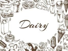 Vintage monochrome dairy produce template, hand-drawn. Eco food. Sketch illustration. Engraved image. Template with an empty space. vector