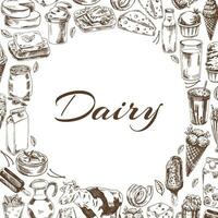 Vintage monochrome dairy produce  template, hand-drawn. Eco food. Sketch illustration. Template with an empty space in the center. vector