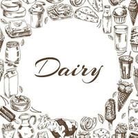 Vintage monochrome dairy produce  template, hand-drawn. Eco food. Sketch illustration. Template with an empty space in the center. vector