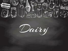 Vintage monochrome dairy produce template, hand-drawn on chalkboard background. Eco food. Sketch illustration. Engraved image. Template with an empty space. vector