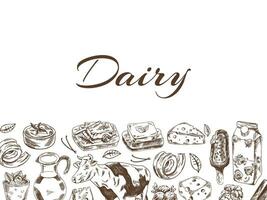 Vintage monochrome dairy produce template, hand-drawn. Eco food. Sketch illustration. Engraved image. Template with an empty space. vector