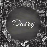 Vintage monochrome dairy produce  template, hand-drawn on chalkboard background. Eco food. Sketch illustration. Template with an empty space in the center. vector