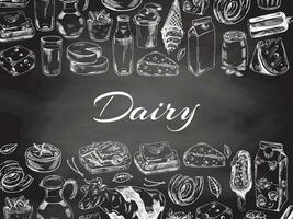 Vintage monochrome dairy produce template, hand-drawn on chalkboard background. Eco food. Sketch illustration. Engraved image. Template with an empty space. vector