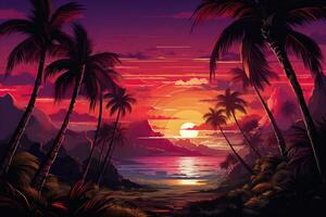 hermosa puesta de sol en contra el fondo de el silueta de alto palma arboles en el mar playa. Clásico tono. generado por artificial inteligencia foto