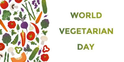 mundo vegetariano día plano vistoso vector ilustración. diferente vegetales. error de tipografía texto para tarjetas, pegatinas, pancartas y carteles