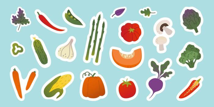 Set isolated different colorful gradient vegetables stickers in flat vector style on blue background.