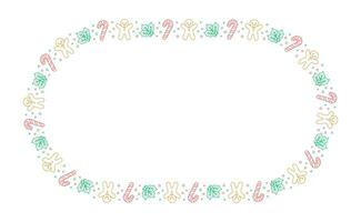 Oval Christmas Frame Border. Gingerbread Cookies, Candy Cane and Mistletoe Pattern Winter Holiday Graphics. Social media post template on white background. Isolated vector illustration.