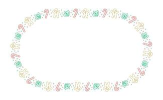 Oval Christmas Frame Border. Gingerbread Cookies, Candy Cane and Mistletoe Pattern Winter Holiday Graphics. Social media post template on white background. Isolated vector illustration.