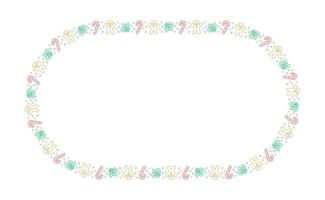 Oval Christmas Frame Border. Gingerbread Cookies, Candy Cane and Mistletoe Pattern Winter Holiday Graphics. Social media post template on white background. Isolated vector illustration.