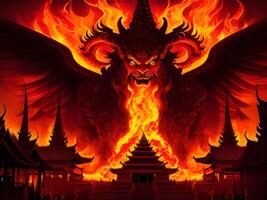 red evil monster head with fire on the temple in the background photo