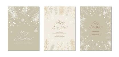 Merry Christmas and Happy New year greeting cards set. Hand drawn sketch winter postcard. Trendy holiday festive design background for invitations, certificate, social media templates vector